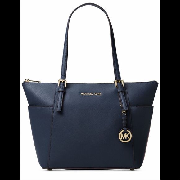 Michael Kors Jet Set Large Crossgrain Leather Tote in royal blue & admiral gold - Picture 1 of 11